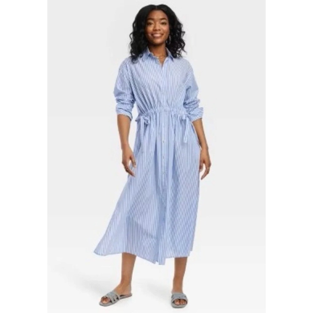 Universal Thread Blue White Striped Midi Shirt Dress Drawstring Waist XXL